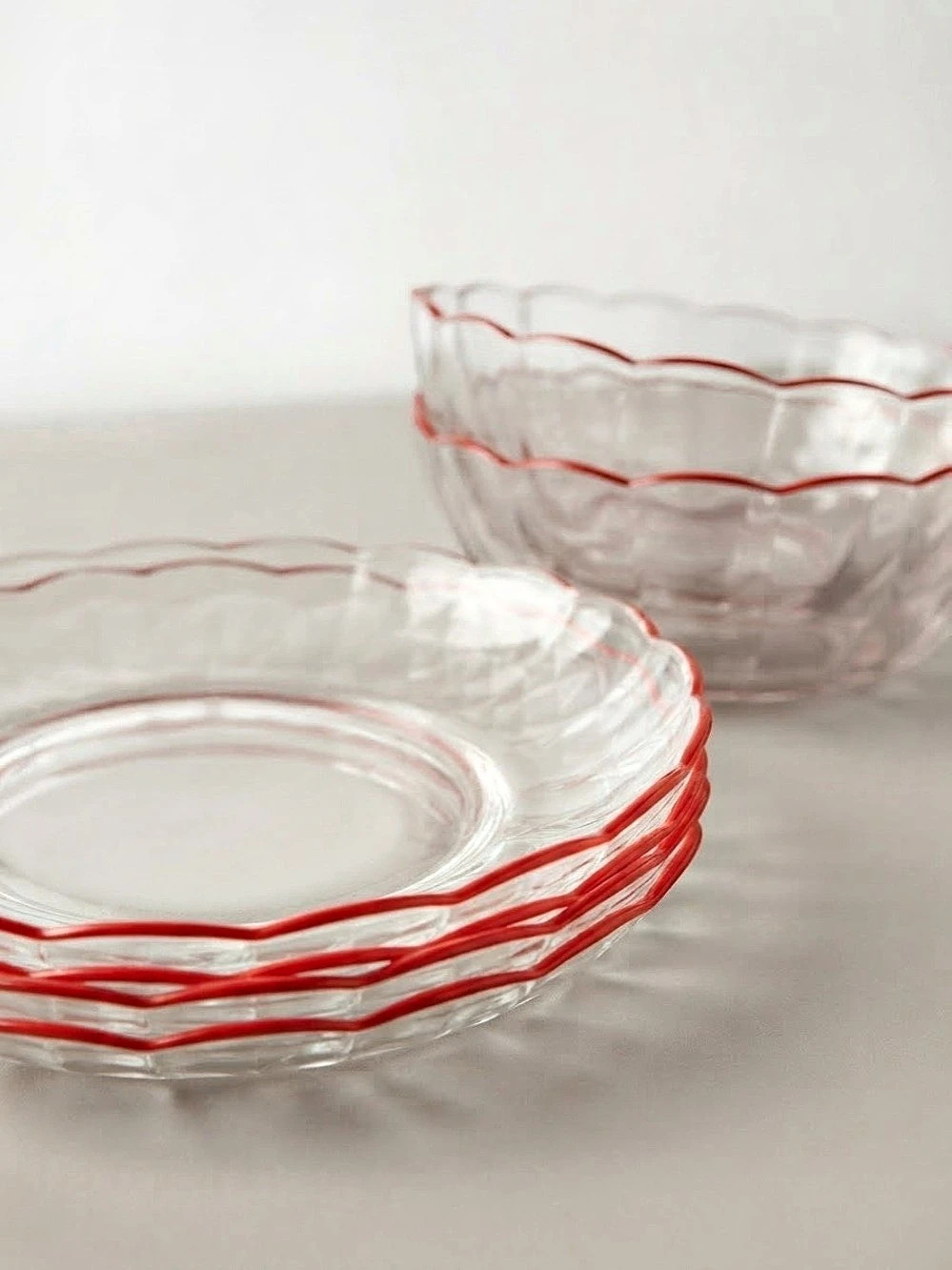 Vintage Duralex red trim glass dinnerware set